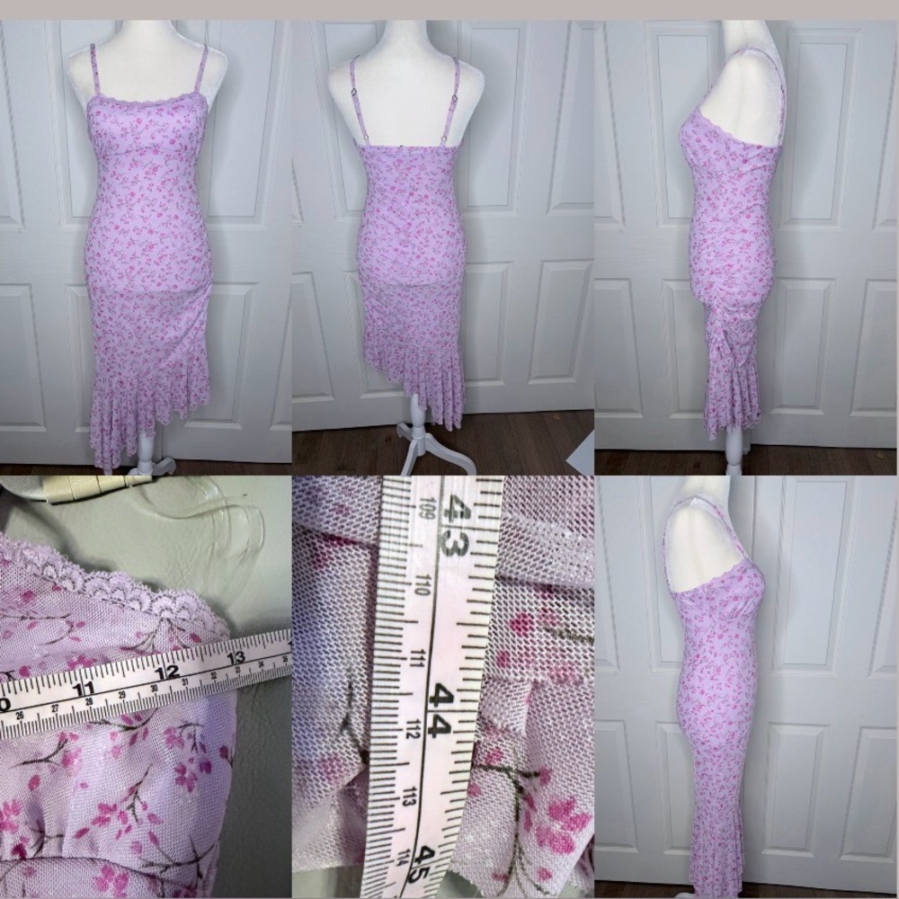Lilac floral mini dress with asymmetrical ruffle trim adjustable straps sz xxs - Picture 10 of 12